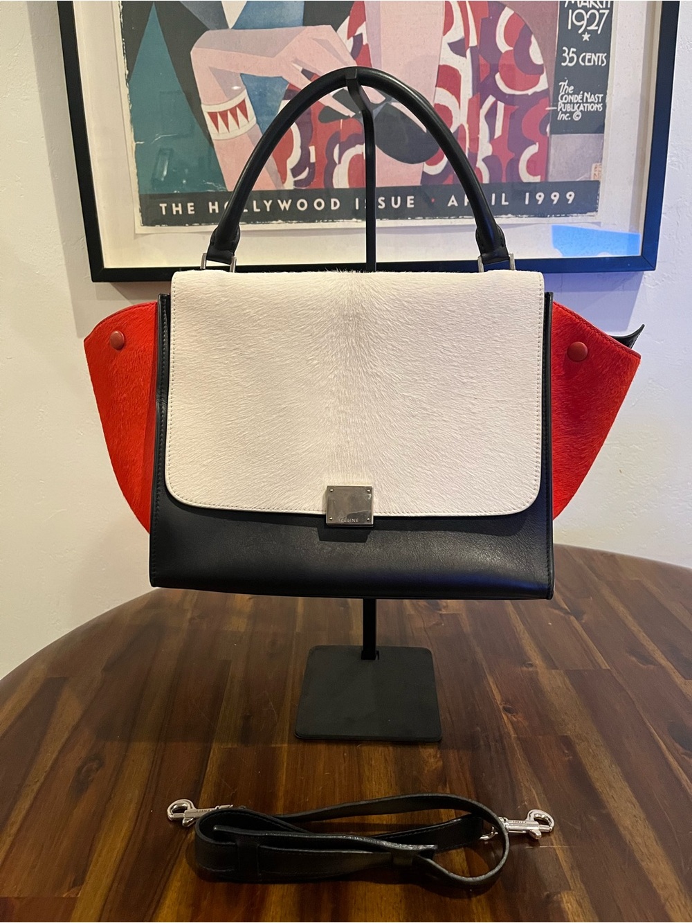 Celine Trapeze Pony HairTricolor Leather Satchel in Black, White & Red
